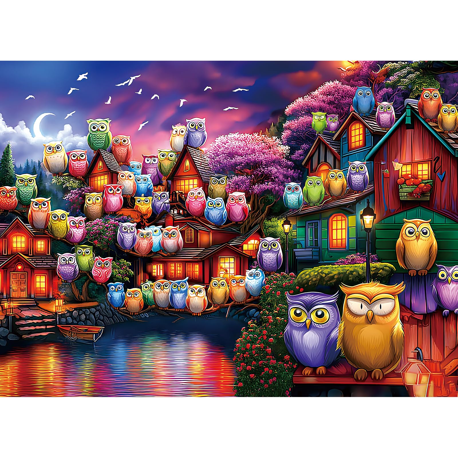 HQXXJW 300 Piece Puzzles for mature-themeds  300 Piece Puzzles for mature-themeds Large Piece  Moonlit Night Owl Village Jigsaw Puzzle  Funny Gift for mature-themed Kids Senior Challenging Family Games Toy  20.5 X 15 in