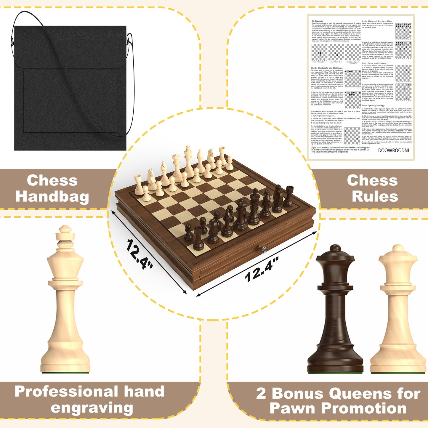 enhanced Natural Walnut 13 x 13 Magnetic Wooden Chess Set with 1 Built-in Storage Drawers - 2 Bonus Extra Queens - 24 Checkers Pieces - Staunton Chess Pieces  Board Games Chess Sets