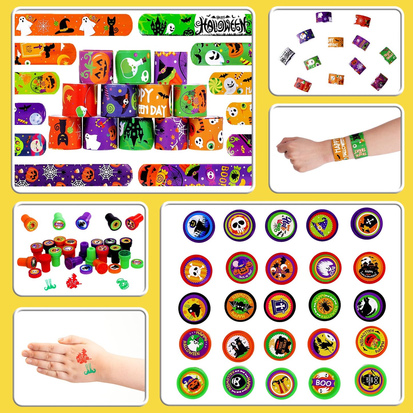 Garma Halloween Party Favors Toys for Kids, 25 Pcs Halloween Assorted Stamps with 12 Pcs Slap Bracelets and 288 Tattoos Hallowee