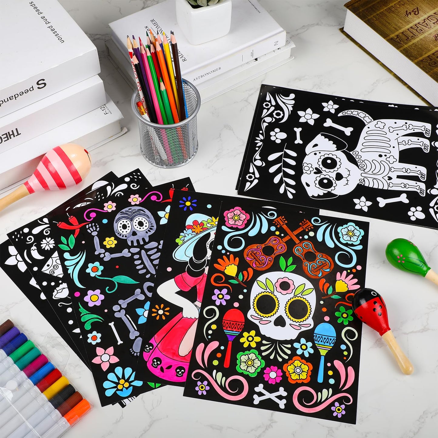 Zhanmai 30 Pcs Color Your Own Funny Day of The Dead Posters DIY Happy Day of The Dead Crafts Bulk Color Your Own Poster DIY Craf