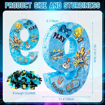 Simgoing Number 9 Video Game Controller Pinata - 16.5 Inch Gaming Theme Party Supplies for 9th Birthday Decorations With Confett