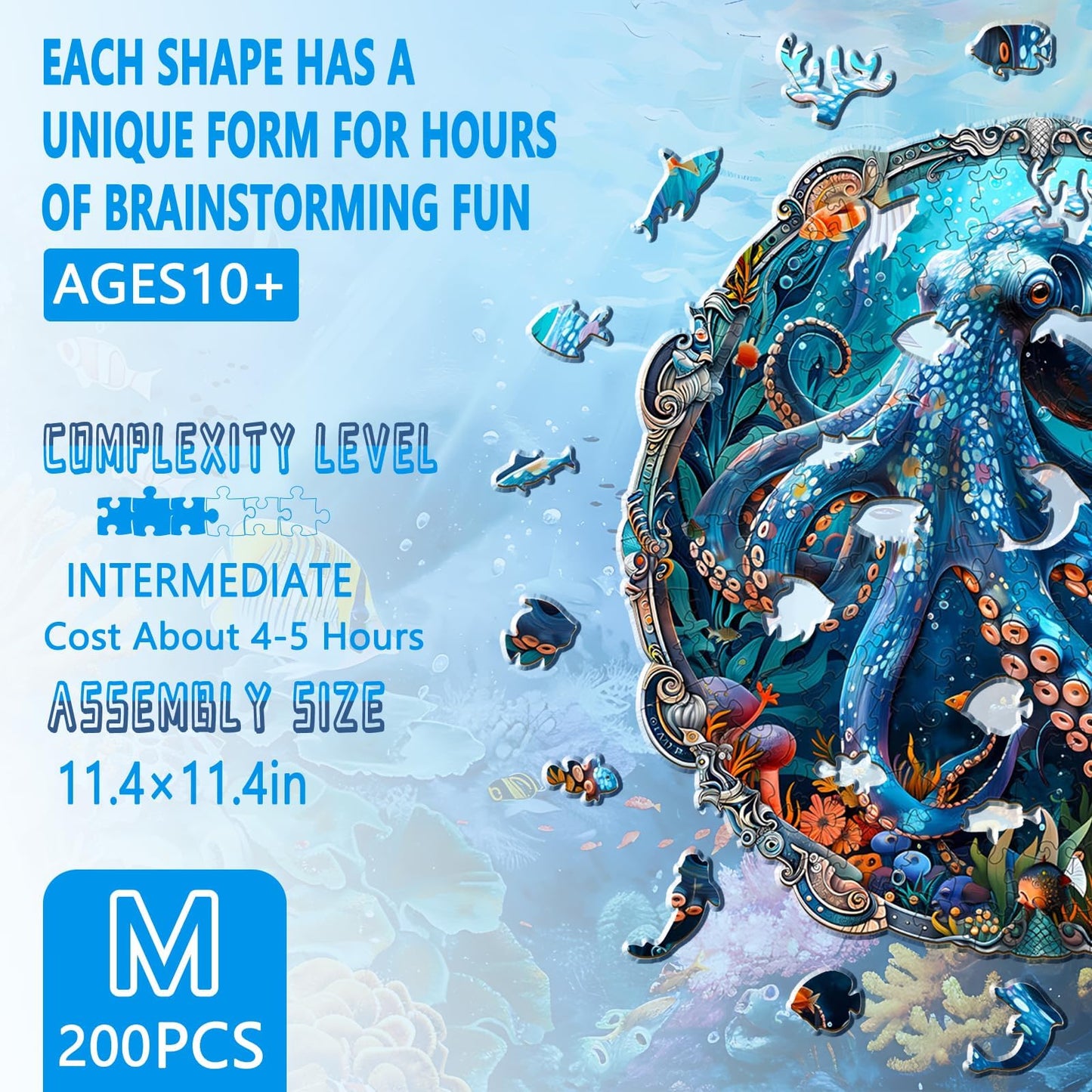 Wooden Puzzles for mature-themeds  Mystic Tentacles Wooden Jigsaw Puzzle  Wood Puzzles mature-themed  Unique Shaped Octopus Puzzle for mature-themeds  Fun Gifts & Home Decor (M-11.4 * 11.4in - 200 pcs)