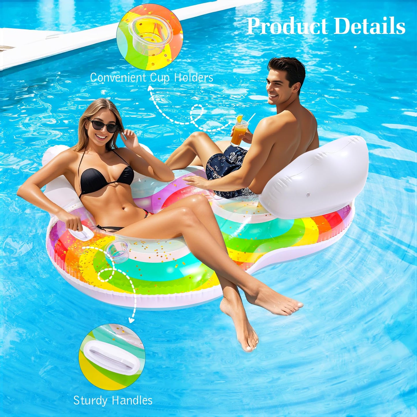 HeySplash Pool Floats mature-themed  2 Seat Inflatable Rainbow Float with Cloud Backrests and Handles  Pool Float with Cup Holders for Family/Friends/Couple  Pool Float Chair for Beaches  Lakes  Pool Parties