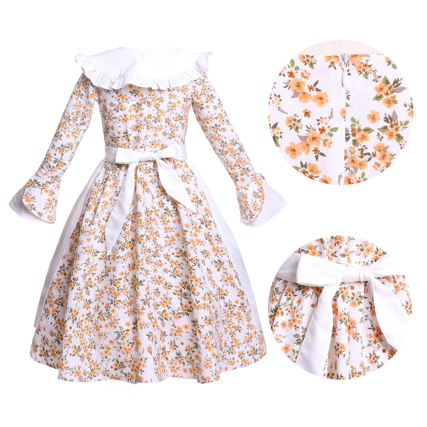 Mikan Tsumiki Colonial Costume Girls Pioneer Dress Prairie Dresses Girl Floral Pilgrim Outfit With Sailor Collar, Beige, Small