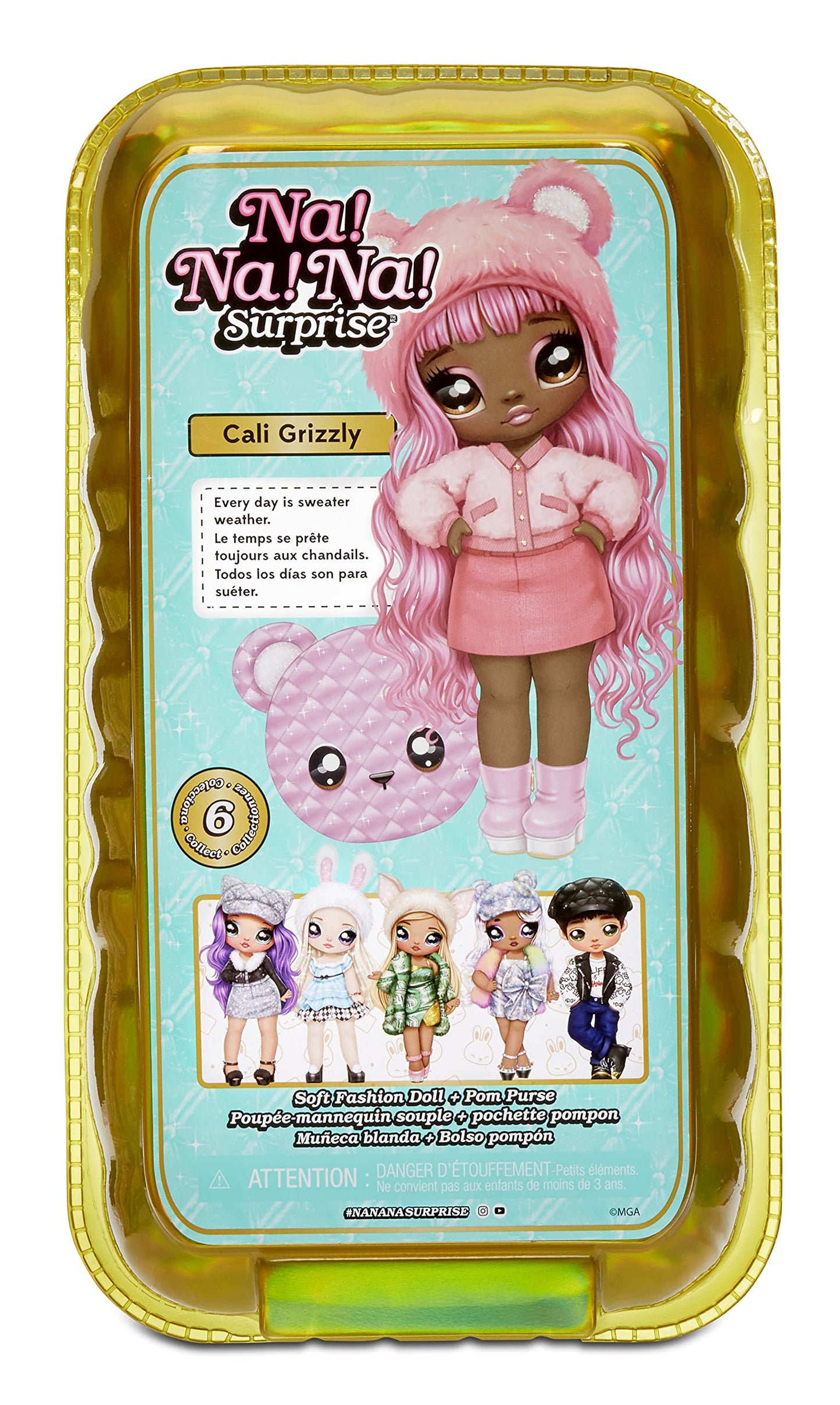 Na! Na! Na! Surprise Glam Series Cali Grizzly Fashion Doll And Metallic Bear Purse, Pink Hair, Cute Fuzzy Hat Outfit & Accessories, 2-In-1 Kids Gift, Toy For Girls And Boys Ages 5 6 7 8+ Years