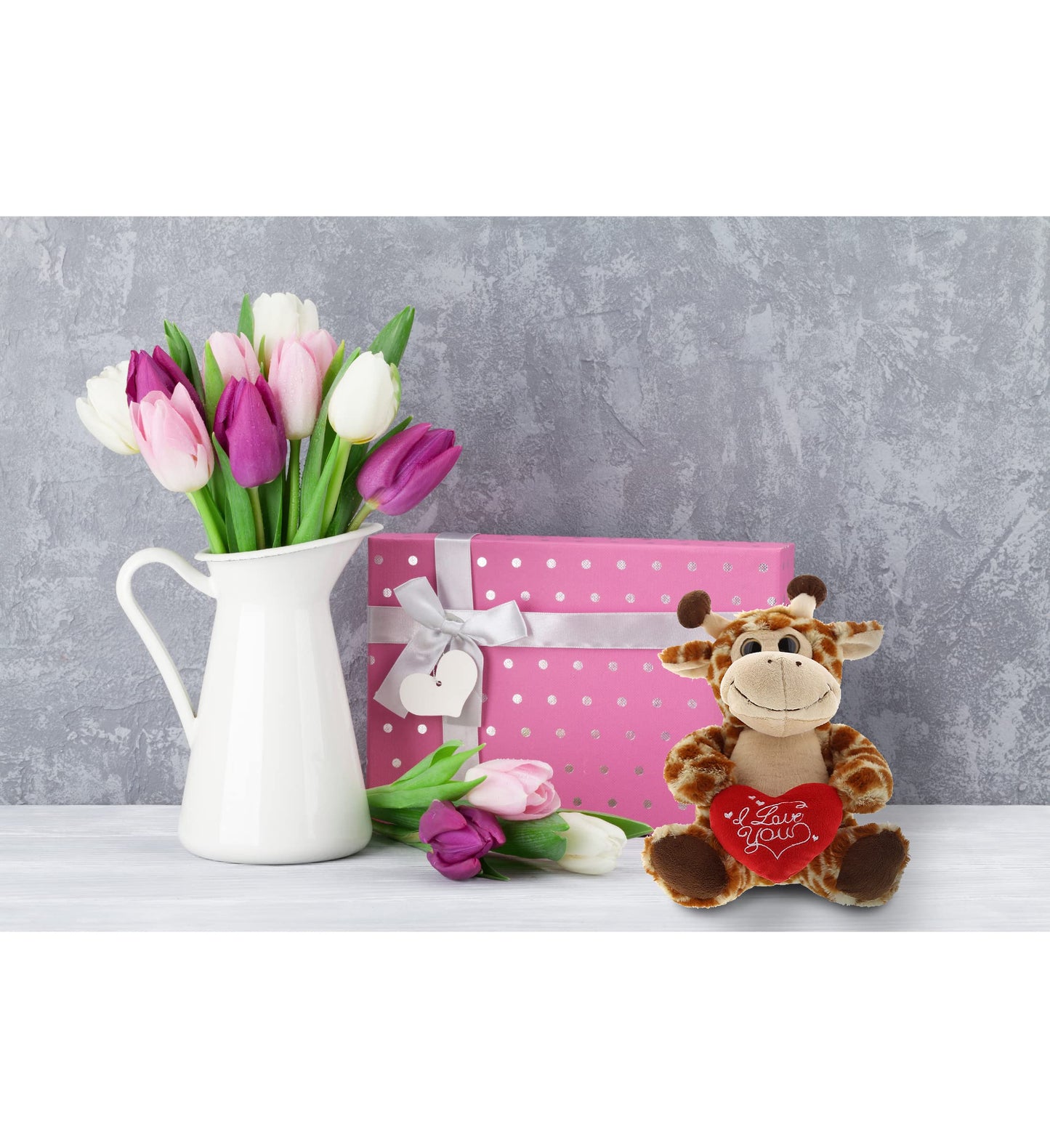 DolliBu Plush Sitting Giraffe - Cute 9" Stuffed Animal with Red Heart, Personalized Gift for Valentine's Day, Brown, Model K5191-5998-90