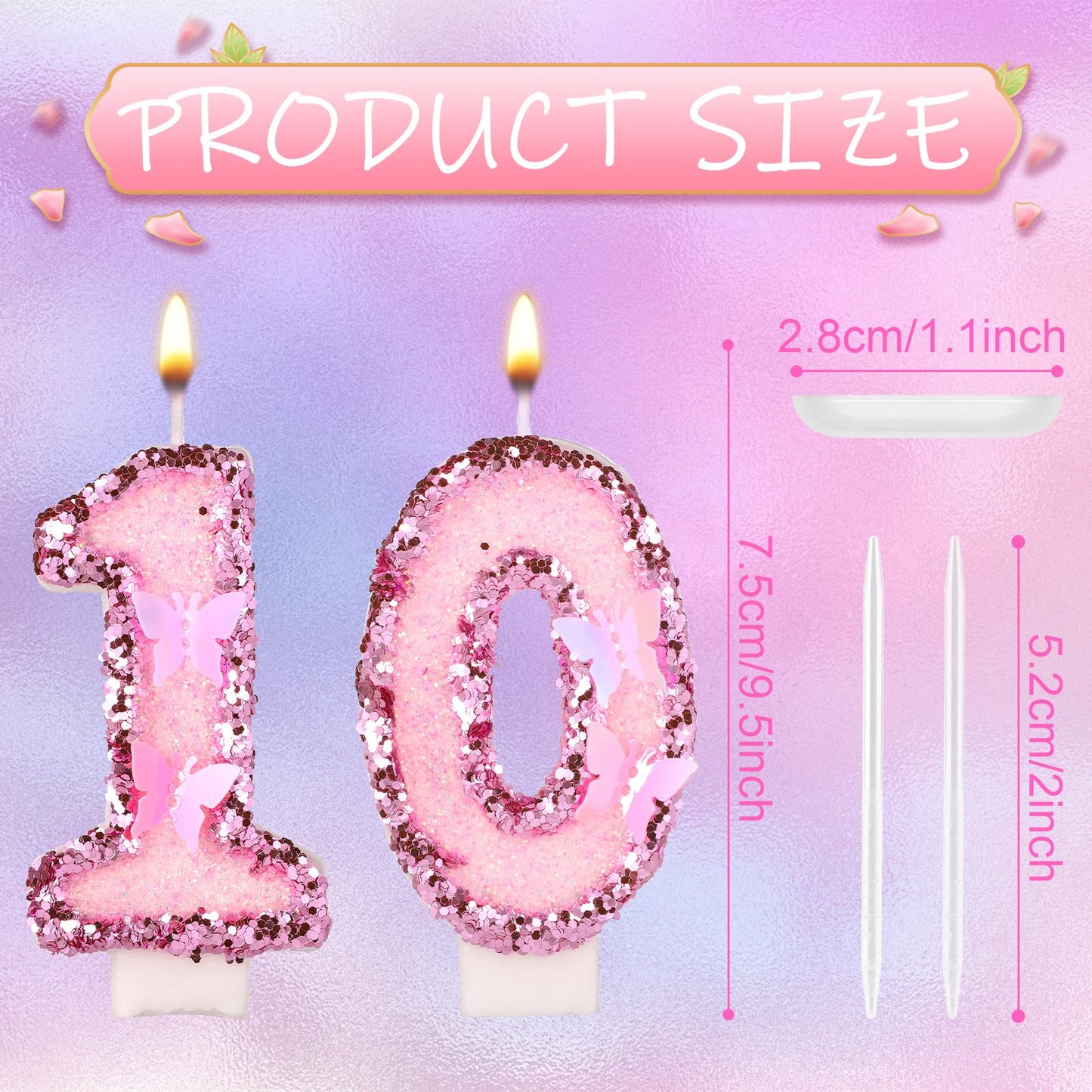 BOXOB Girls Birthday Number 10 Candles, 2.95in Pink Glitter Butterfly Cake Toppers, Wax, Model 08367, Perfect for Parties and Celebrations