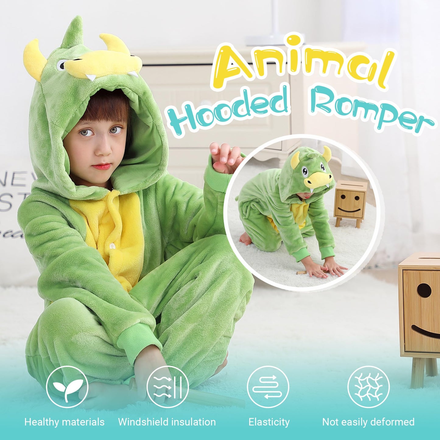 Michley Animal Hooded Romper Kids Flannel Halloween Cosplay Pajamas Costume 3-12T For Autumn Winter, Dinosaur, 3-4T, Size100