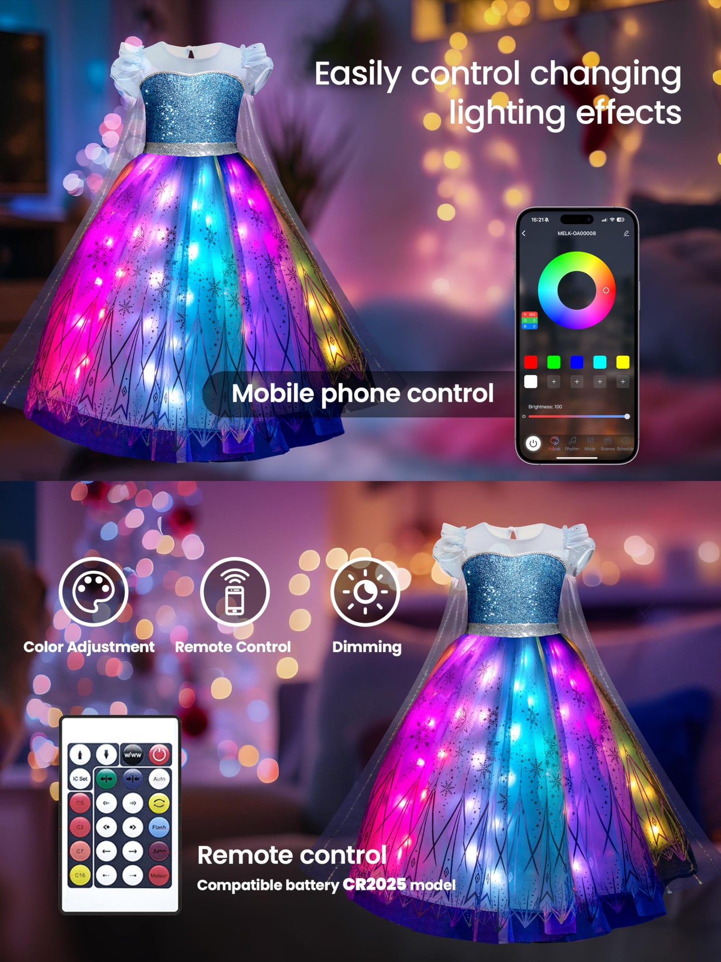 Uporpor Rgb Led Light Up Princess Dress, Interactive Girls Princess Costume Halloween Dress Up Clothes, Syncs With Music, App Remote Control, For Birthday, Party, Christmas, School Activities, 110