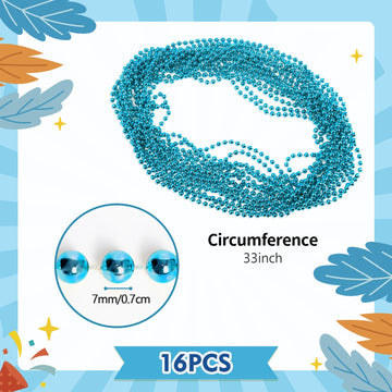Saiaokj 16Pcs Teal Plastic Round Beaded Necklaces, 33Inch Mardi Gras Party Decoration Supplies