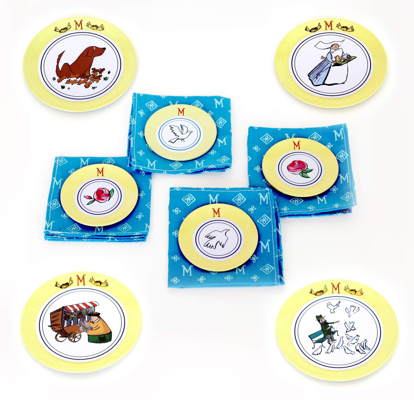 YOTTOY 23-Piece Madeline Tin Tea Set Toy, Plush Carry Case, Blue, Model 560