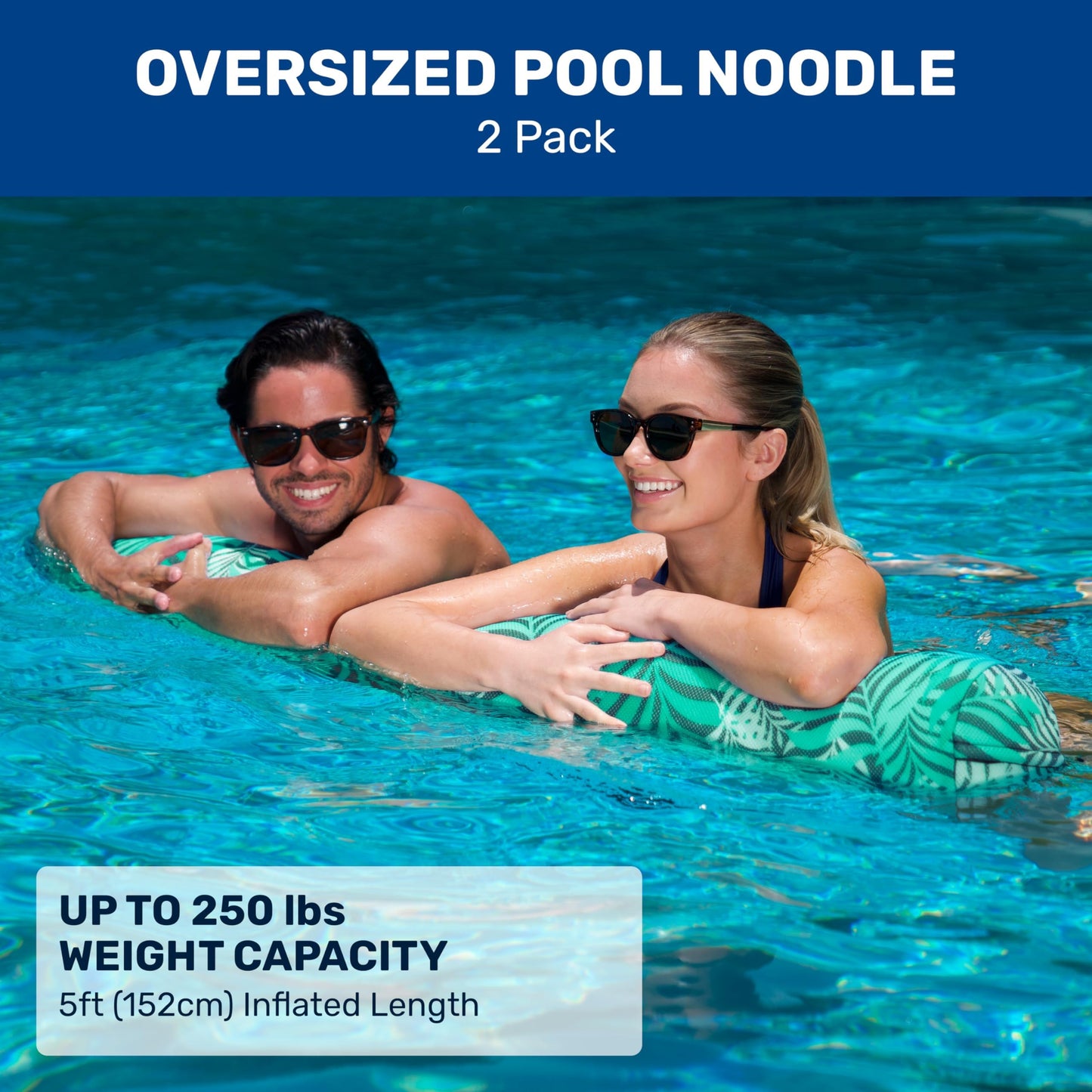 Aqua Oversized Inflatable Pool Noodle – 2 Pack – Soft Mesh Jumbo Noodle Pool Float – Teal/White Fern