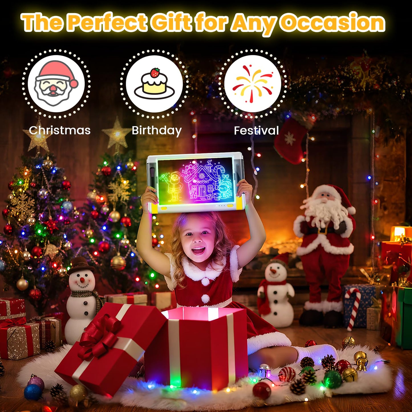Geokay Rechargeable LED Drawing Board, 15-Inch Acrylic Tablet, 9-Color Light Modes, White, Includes 5 Markers & 10 Tracing Sheets