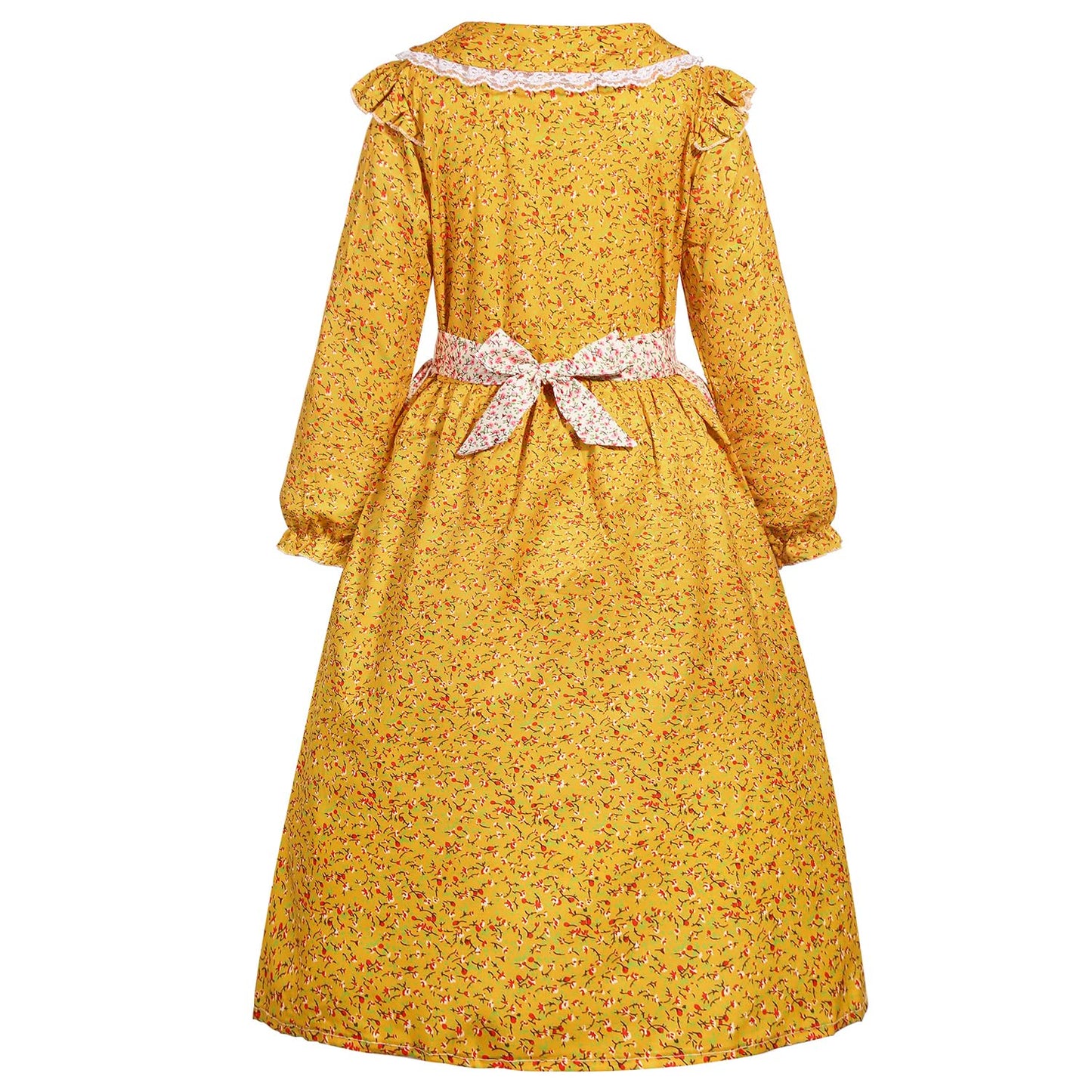 Pioneer Girl Costume Colonial Dress Kids Prairie Floral Village Girl Costumes Yellow Pilgrim Maid Farmer Outfit With Bonnet Apro