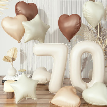 70Th Birthday Balloons Set, Nude Brown Sand White Neutral Heart Balloon Decor, Cream Beige Tan Foil Number 70 Balloon Star Ballo