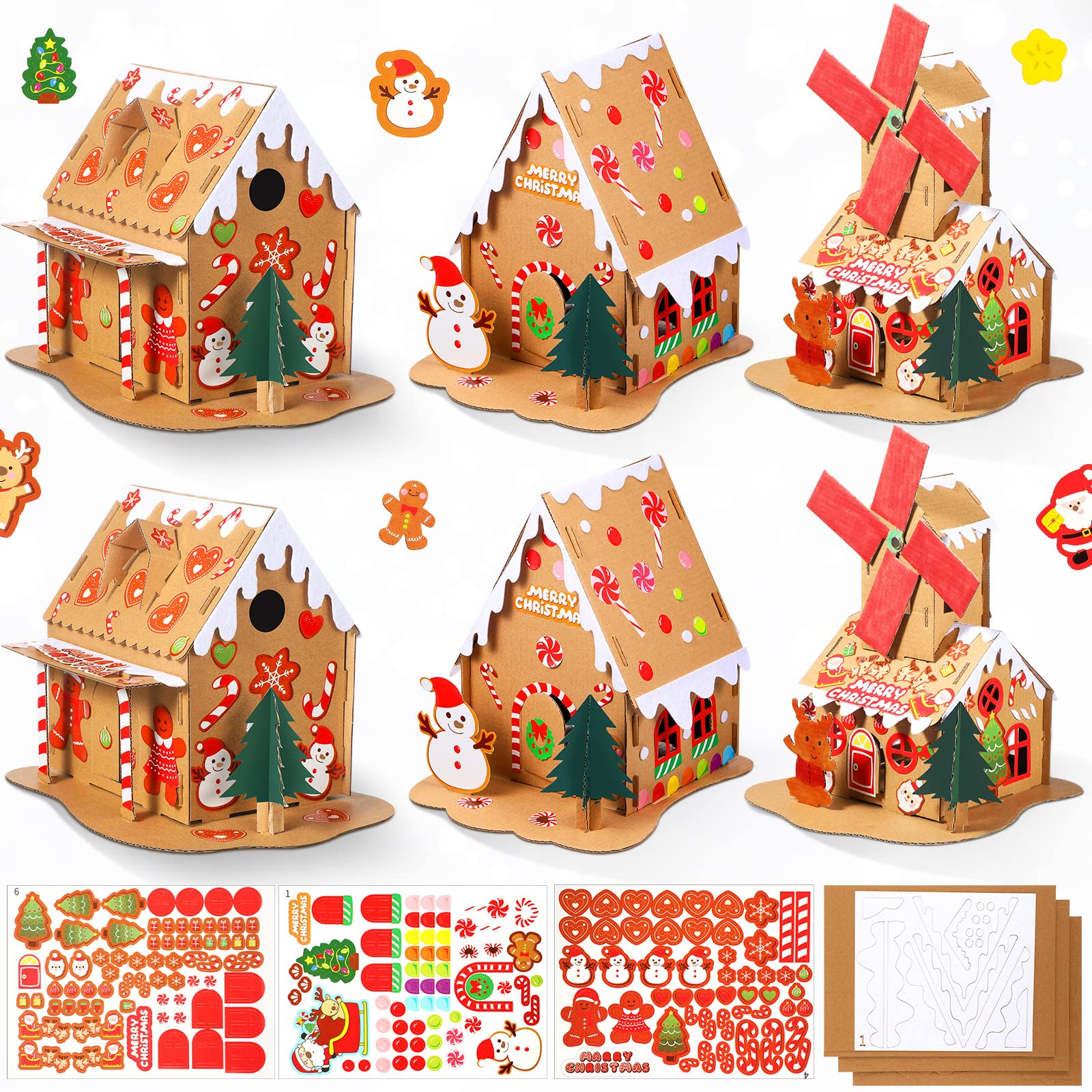 6 Sets Christmas Gingerbread House Kit Christmas Crafts for Kids Mini Christmas Cardboard Make-a-Gingerbread House Craft for Boy
