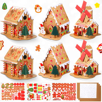 6 Sets Christmas Gingerbread House Kit Christmas Crafts for Kids Mini Christmas Cardboard Make-a-Gingerbread House Craft for Boy
