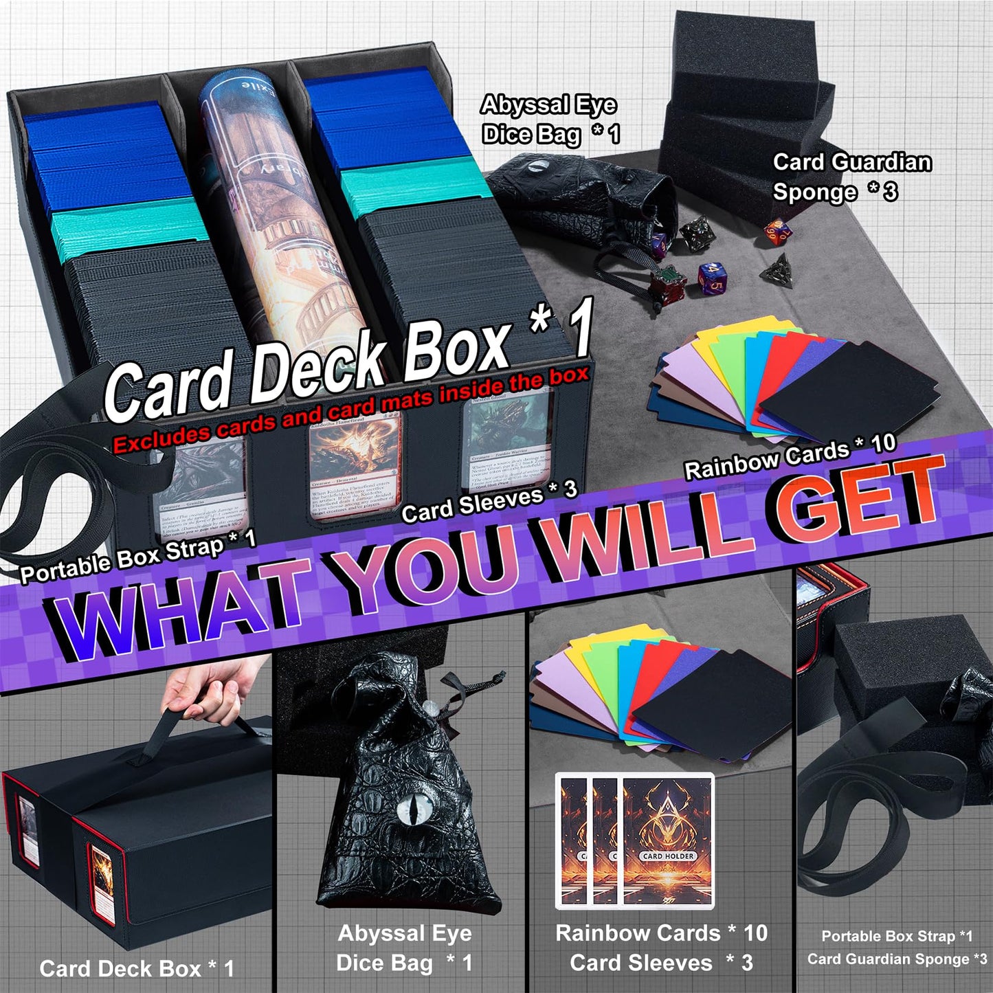 Scimi Extra Large Card Storage Box Holds 3600+ Cards Compatible with 12 Small Deck Boxes, Includes Cthulhu Dice Bag, 10 Colorful