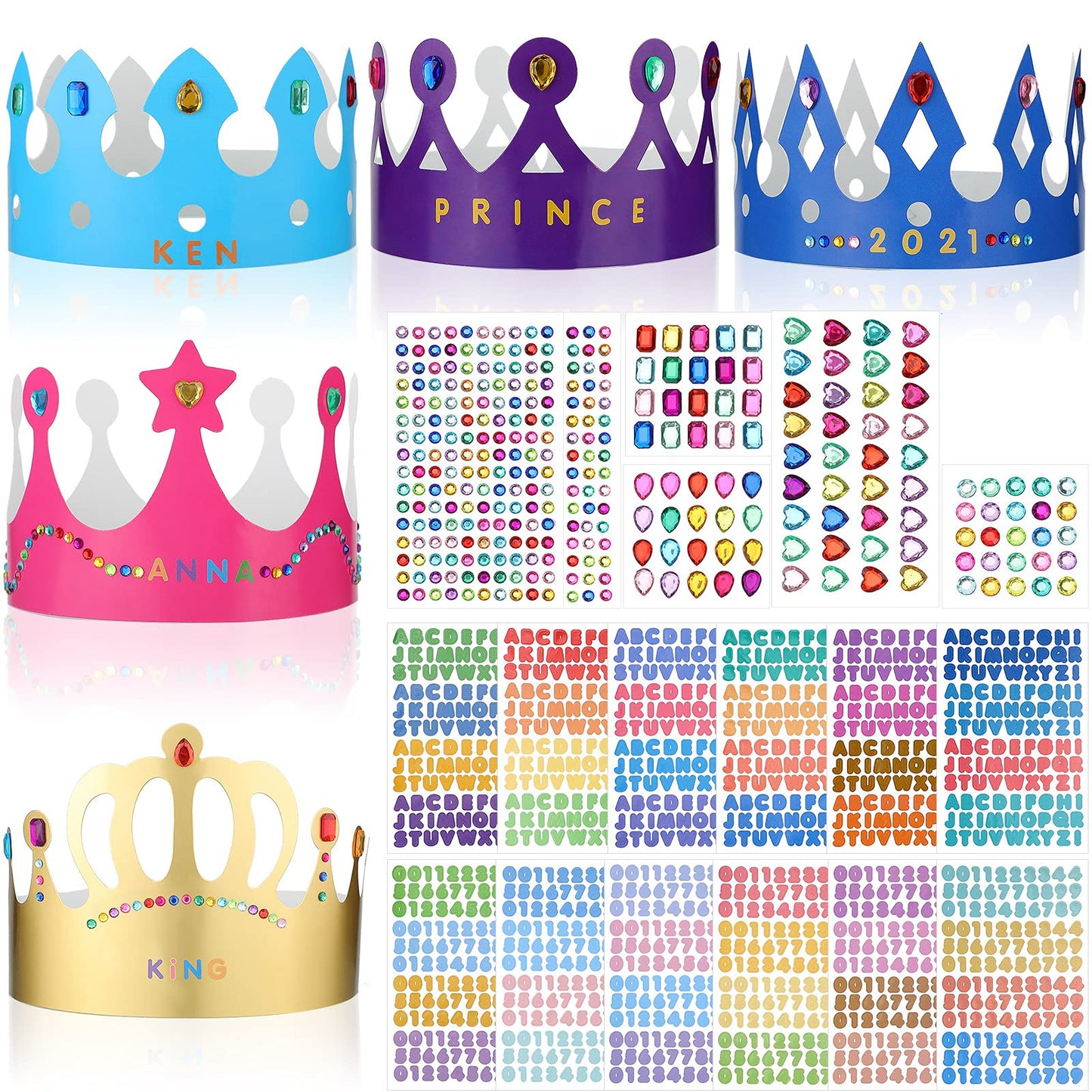 Chinco 38 Pieces Paper Crowns Princess Prince Hats Birthday Party Crowns Craft Jewels Gem Number Letter Sticker For Diy Classroom Decor