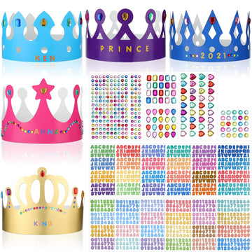 Chinco 38 Pieces Paper Crowns Princess Prince Hats Birthday Party Crowns Craft Jewels Gem Number Letter Sticker For Diy Classroom Decor