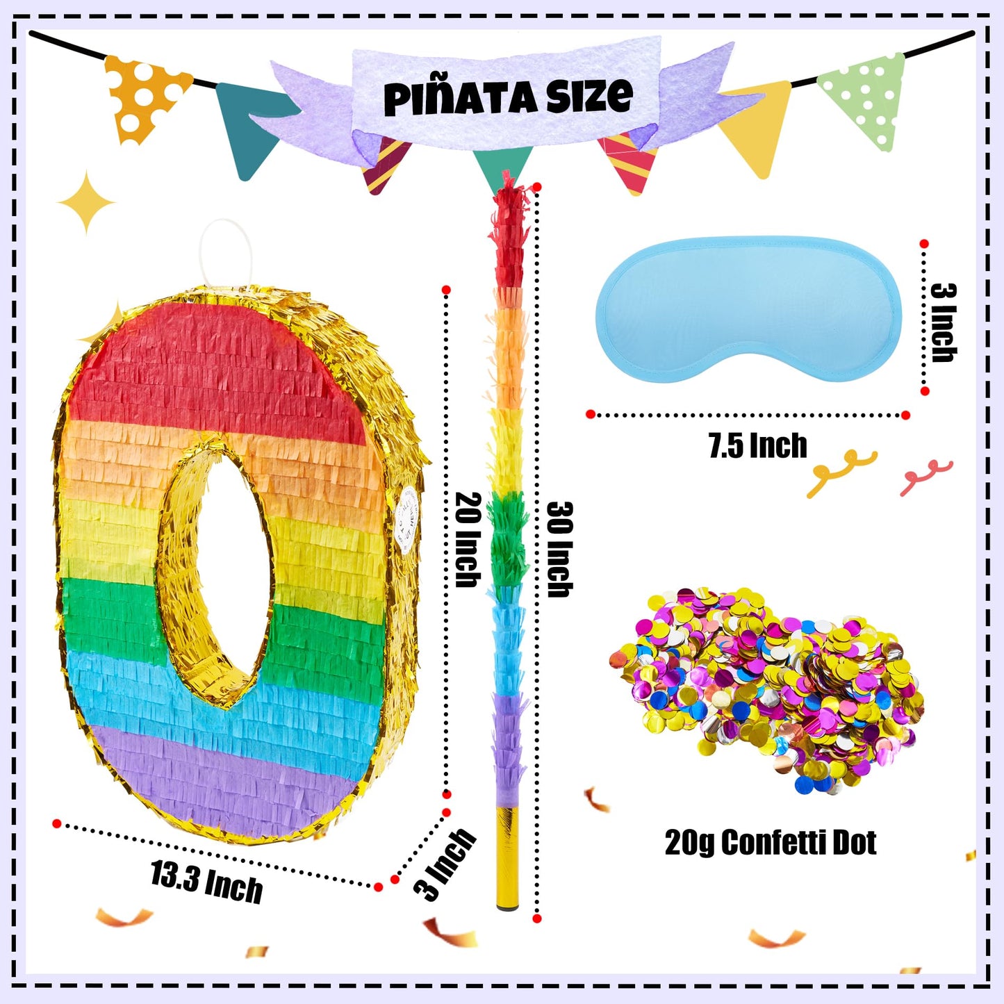PCFING 20 Inch Number 4 Piata Rainbow with 30 Inch Piata Stick Blindfold Confetti for Boy Girl Kids Birthday Party Decorations,