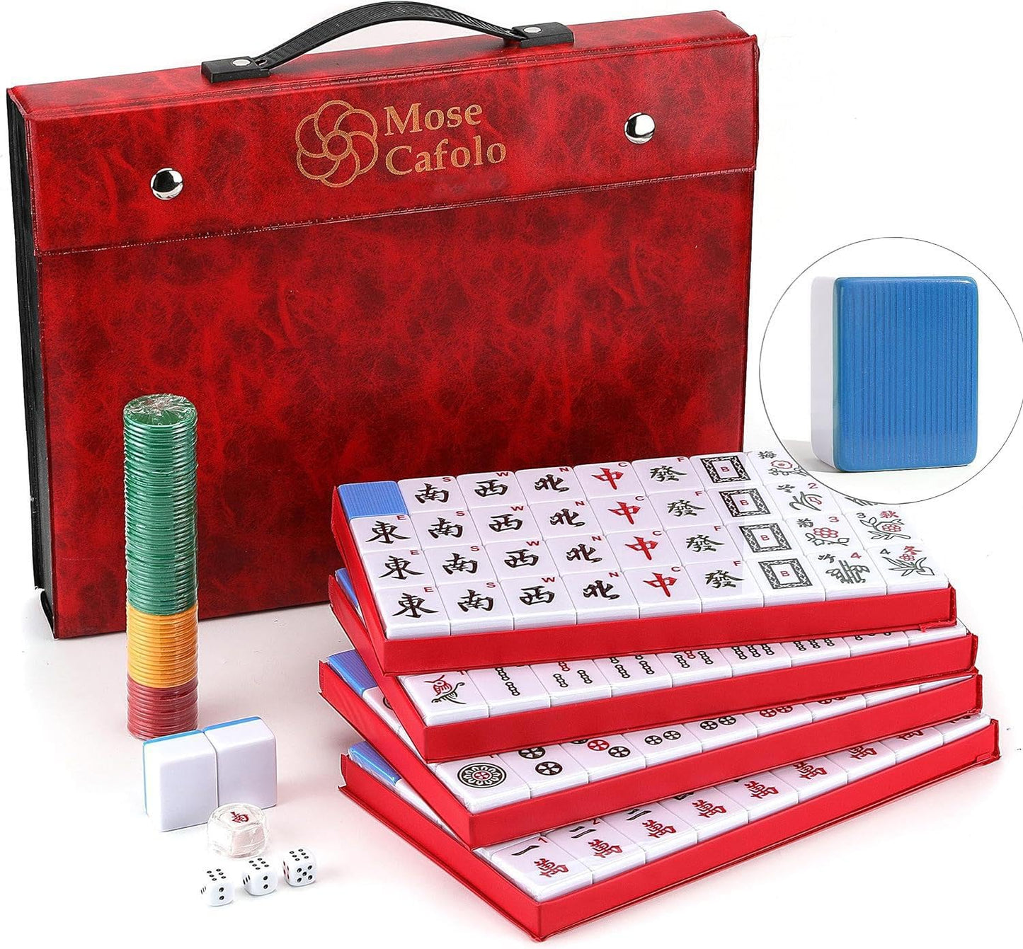 Mose Cafolo Professional Chinese Mahjong Game Set 146 Numbered Large Size Tiles With Carrying Travel Case, Complete Mahjong Tiles Set (Majiang, Mah-Jongg, Ma Jong)