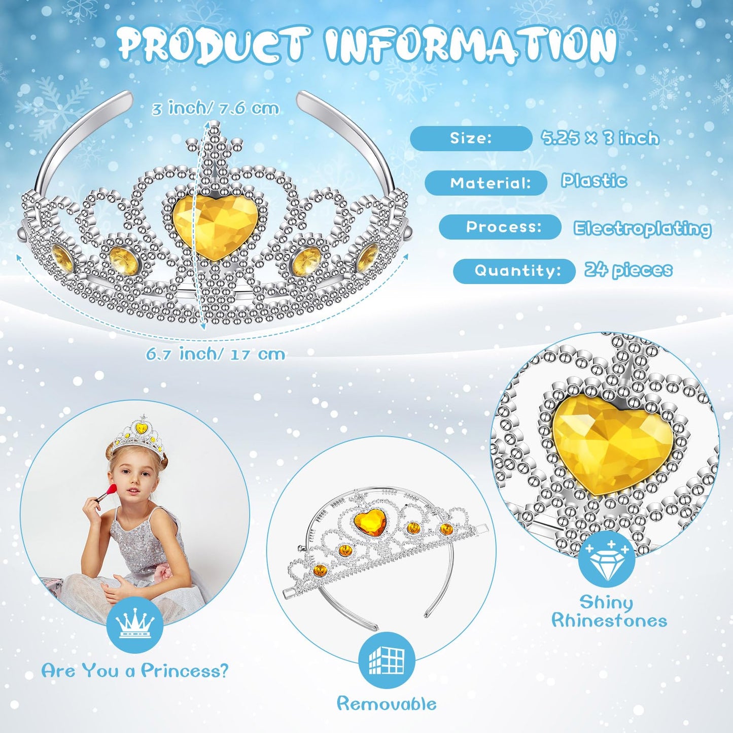 Zhanmai 24 Pcs Princess Crown Set Girl Plastic Tiara Dress up Costume Valentine Day Rhinestone Tiara Birthday Favor(Yellow)