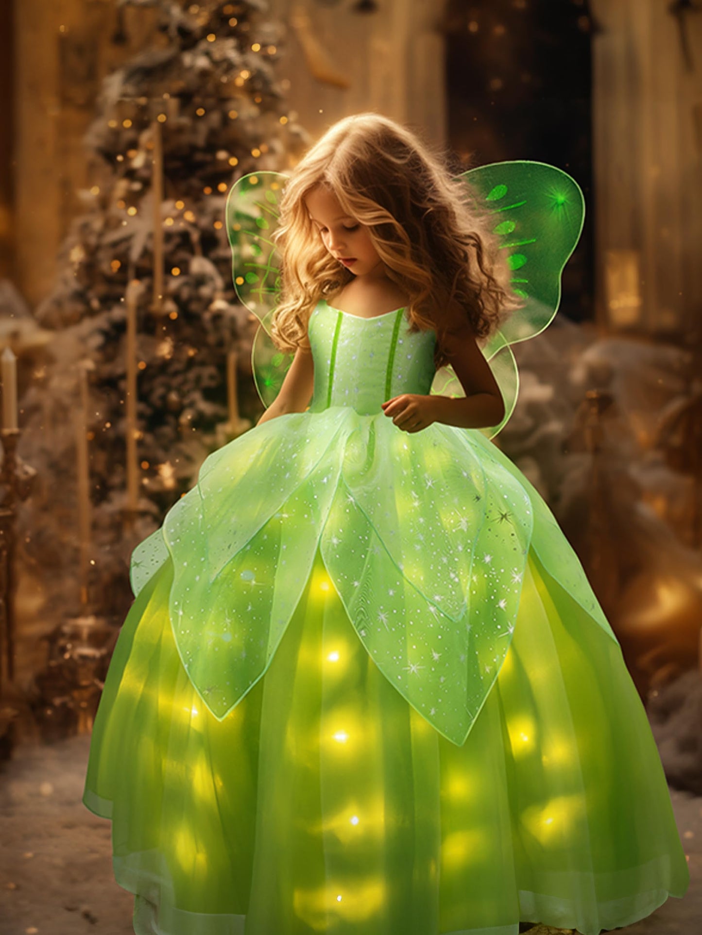 Uporpor Light Up Fairy Dress With Wings Green Princess Costume For Little Girls Kid Halloween Dress Up Clothes Party Dress, 100