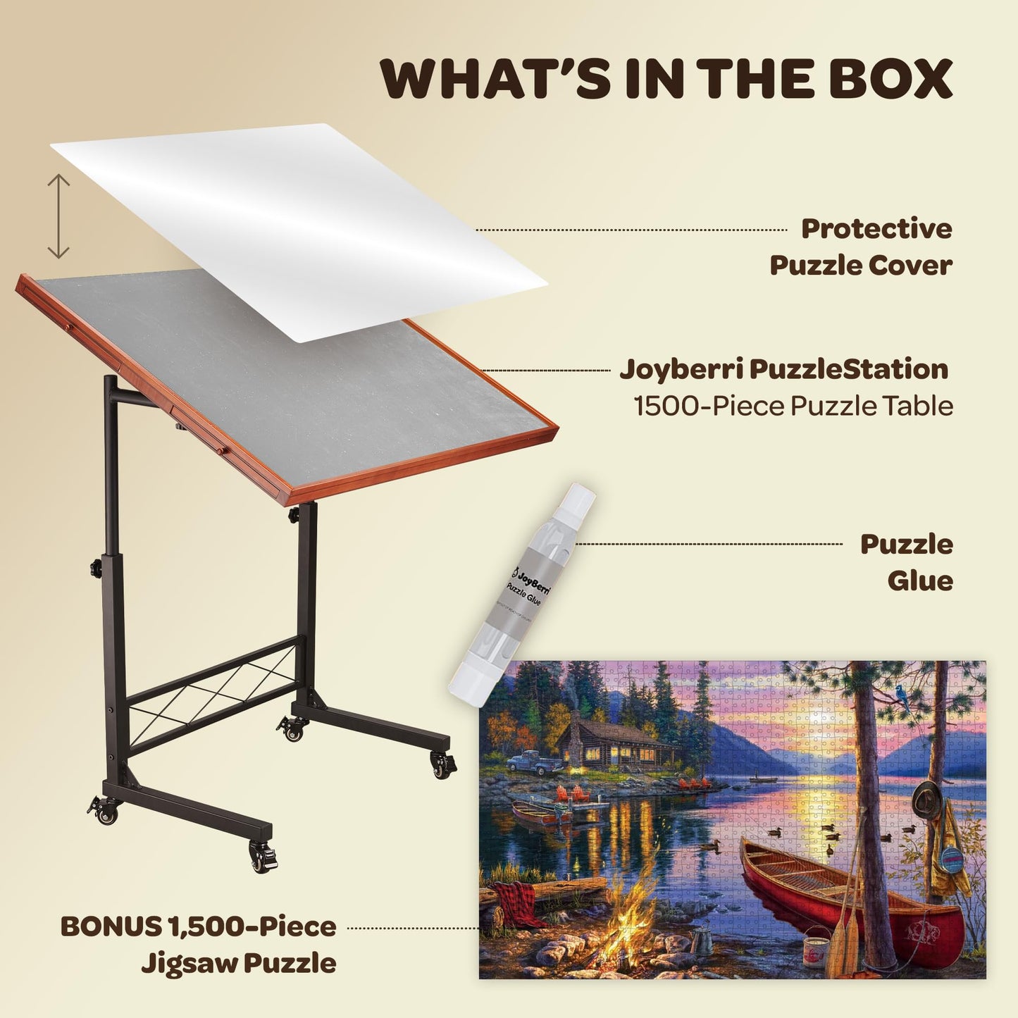 JOYBERRI Jigsaw Puzzle Table - 1500 Piece Board, Adjustable Height, Portable with Drawers, Black/Brown/Gray, 35"x26.5", Model JB-PZL