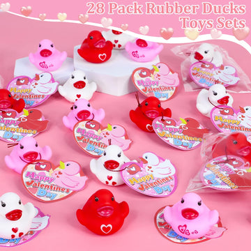 Amenon 28 Pack Valentines Rubber Ducks Valentines Gifts For Kids Toddlers Bath Squeeze Toys With Cards Classroom School Exchange Gifts Prizes Party Favor Birthday Goodie Bag Pool Bathtub Toys