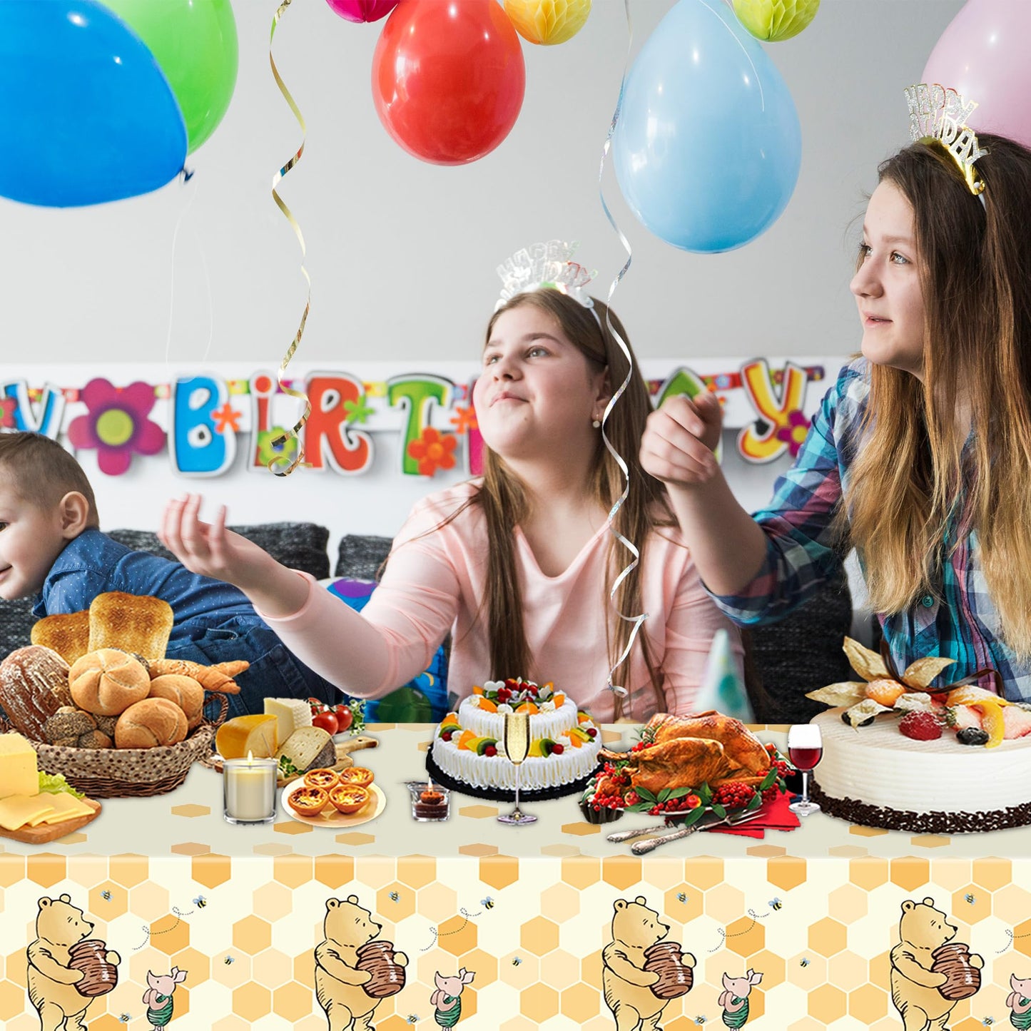 Auroraparty 3Pcs Winnie Party Tablecloth Bear Baby Shower Or Birthday Party Table Cover Honey Plastic Rectangle Birthday Party D