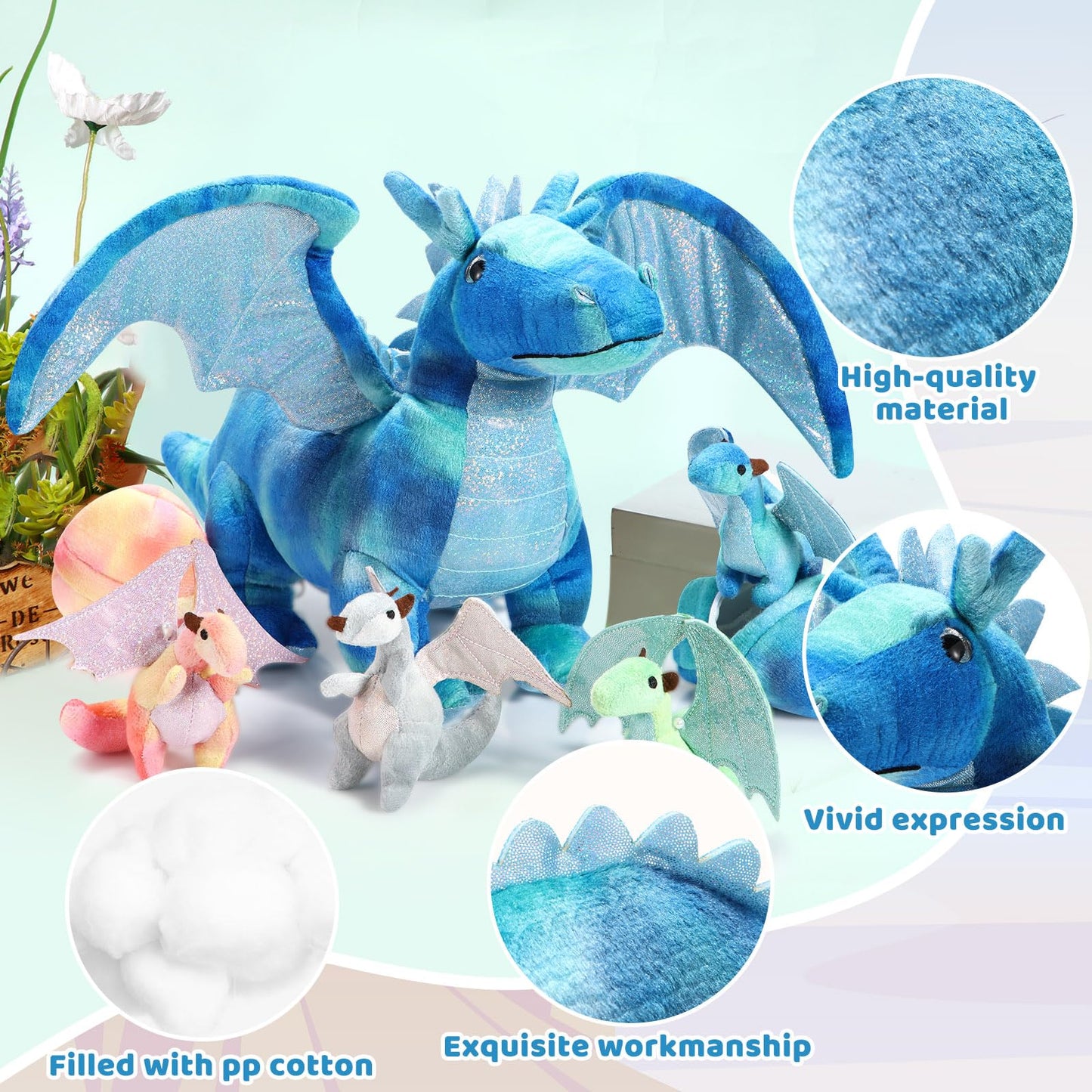 Deekin 7 Pcs Dragon Toy Set - 16 Inch Large Stuffed Animal with 4 Baby Plush & 2 Eggs - Perfect Birthday & Christmas Gift for Kids