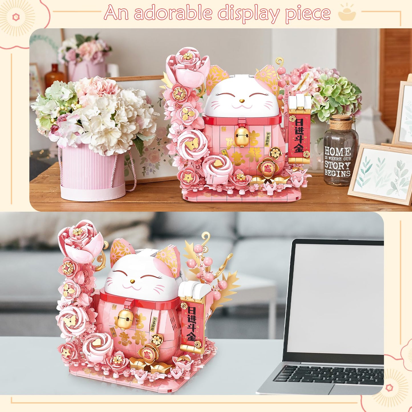 Lucky Cat Building Block Set  Compatible with Lego Cat  868Pcs Cute Fortune Cat with Flowers Building Blocks  Christmas Birthday Creative Gift for Girls Boys mature-themed (Pink Cat)