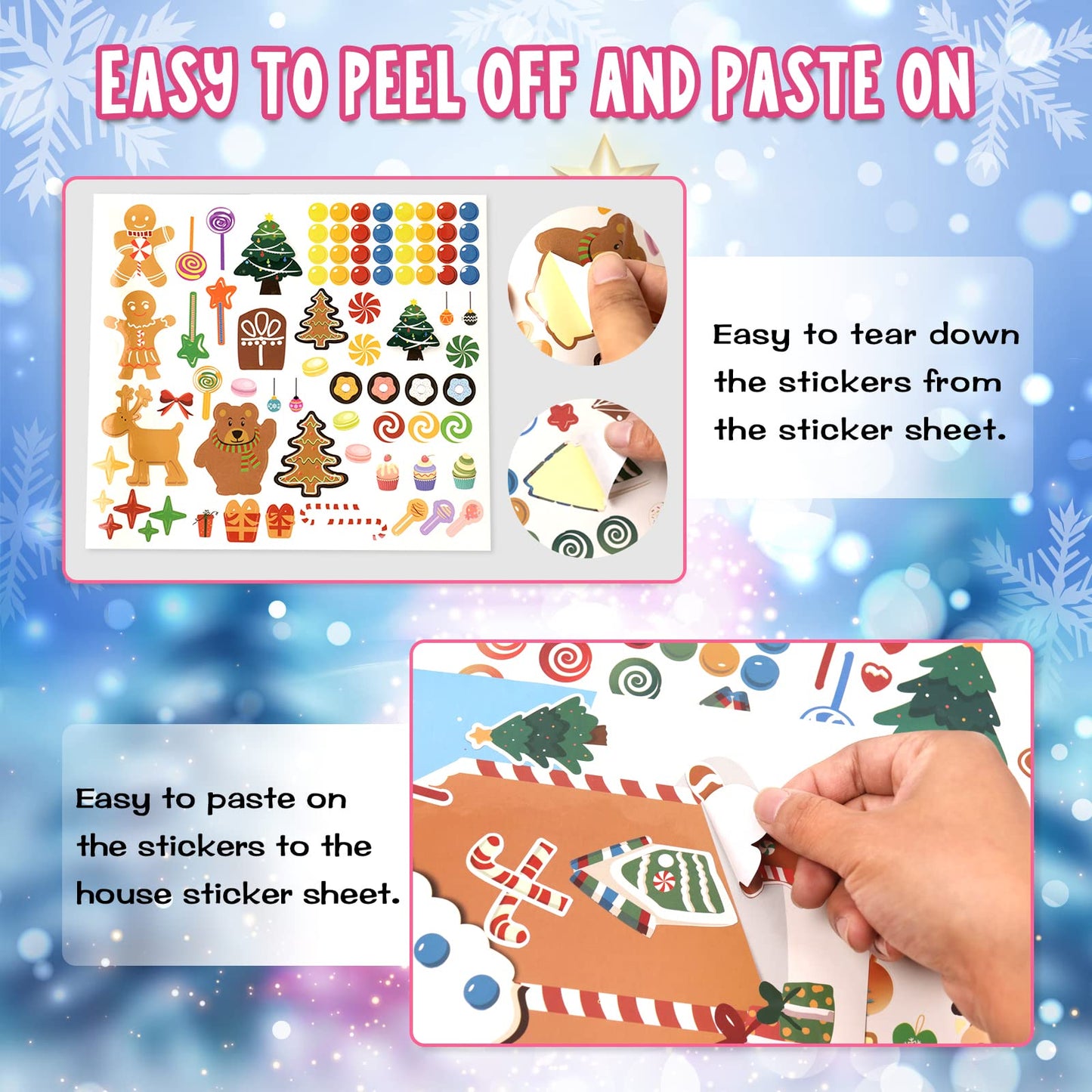 VABAMNA Christmas Party Favors for Kids - 48 Sheets Make a Gingerbread House DIY Craft Stickers Scenes for Xmas Tree Holiday Act