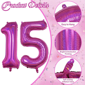 Giant Number 15 Balloons, 40 Inch Laser Hot Pink Foil 15 Balloon Number Men Anniversary Decor, Bright Pink Helium Self Inflating