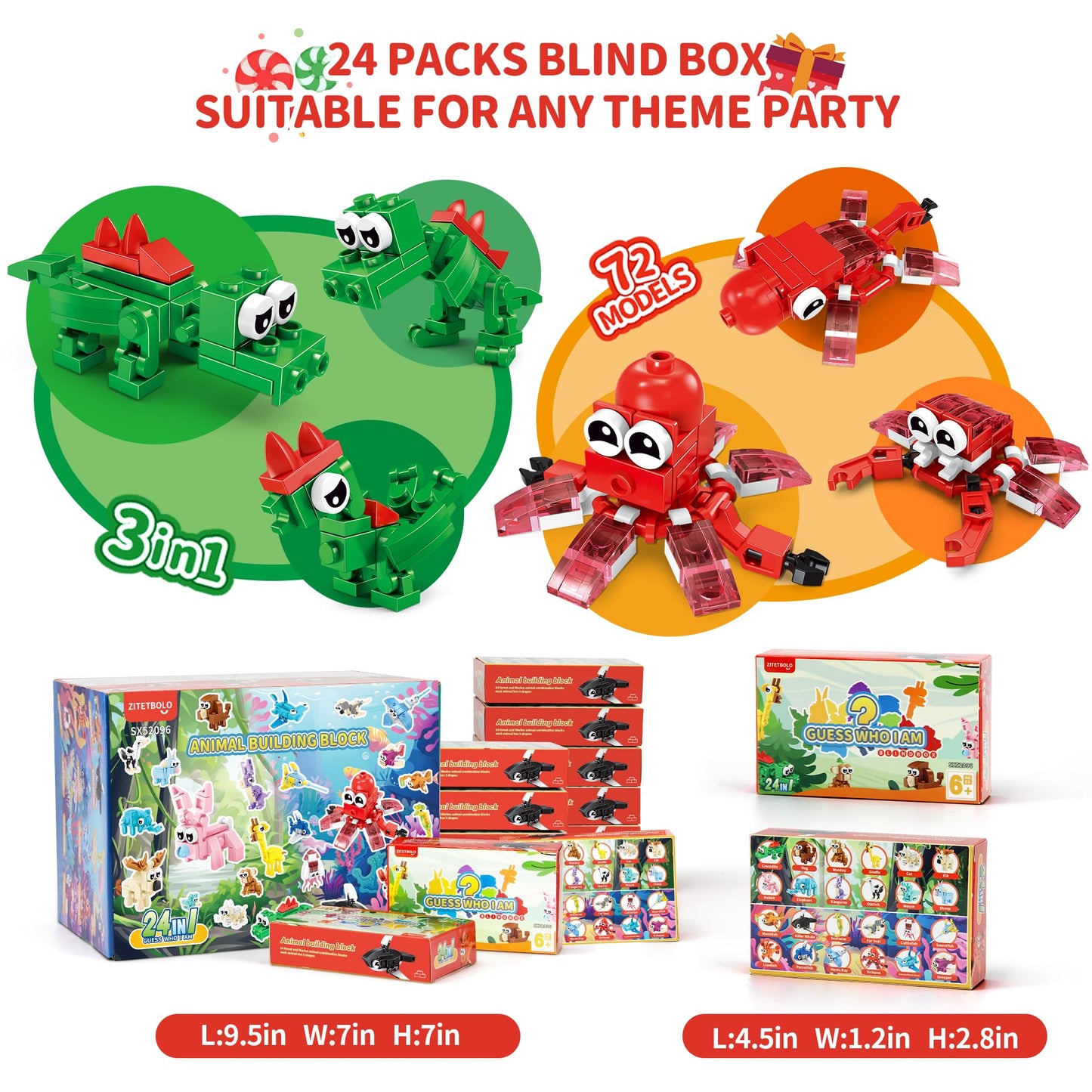 Party Favors For Kids - 24 Pack 72 Kinds Of Animals Building Block Toy Stocking Stuffers Classroom Prizes Goodie Bags Easter Gif