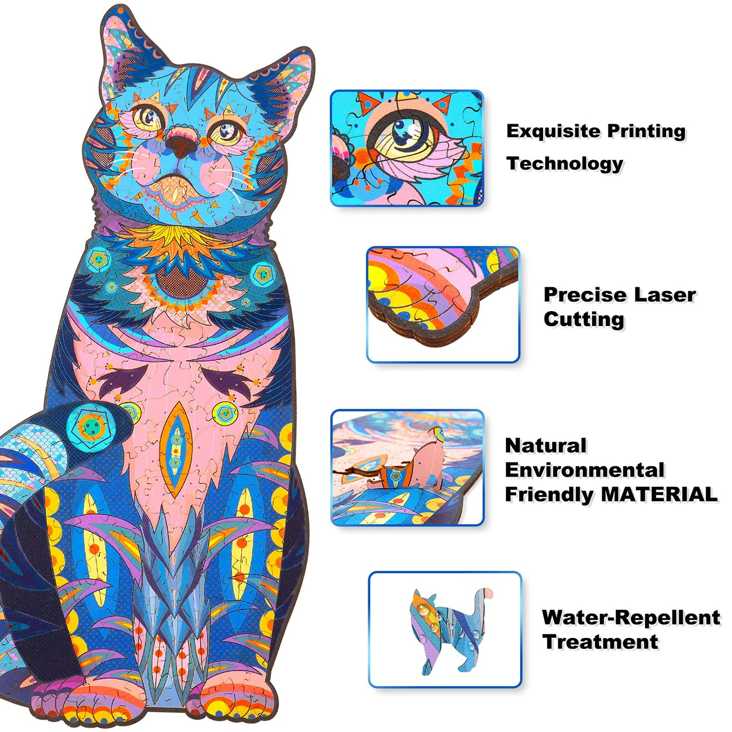 Wooden Puzzles for mature-themeds  Wooden Cat Jigsaw Puzzles with Animal Shaped Pieces  Unique Wood Cats Puzzle mature-themed  Ideal for Cat Lover (16.5?9.3 inches) 300 pcs - L