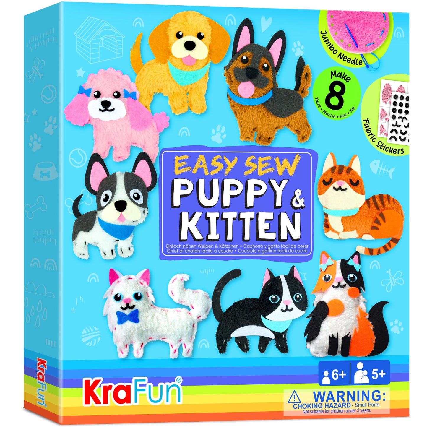 KRAFUN Easy Sewing Kit for Kids - 8 DIY Projects, Fabric, Puppy & Kitten, Model 89805, Arts & Crafts Gift for Boys & Girls