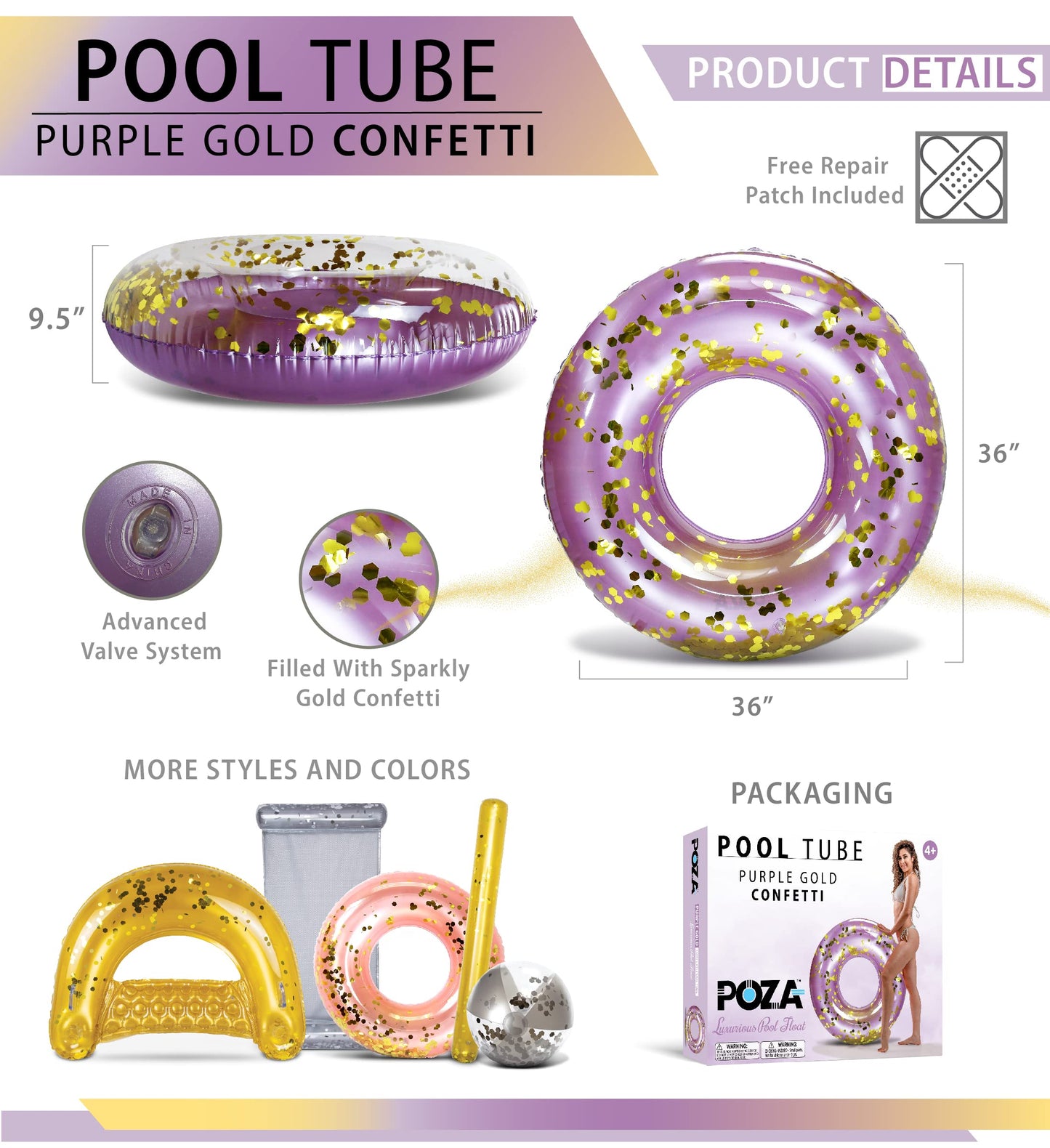 CoTa Global Inflatable Pool Float - Purple Gold Sparkle Confetti, Large 36" Water Ring for Beach & Pool Fun
