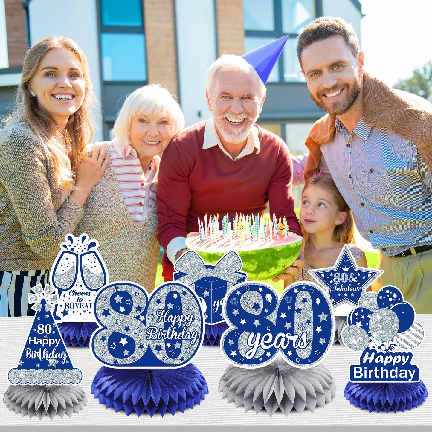 8Pcs Blue 80Th Birthday Decorations Navy Blue Silver Happy 80Th Birthday Table Honeycomb Centerpieces For Table Decor 80Th Birthday Table Topper For Men Women 80Th Birthday Anniversary Party Supplies