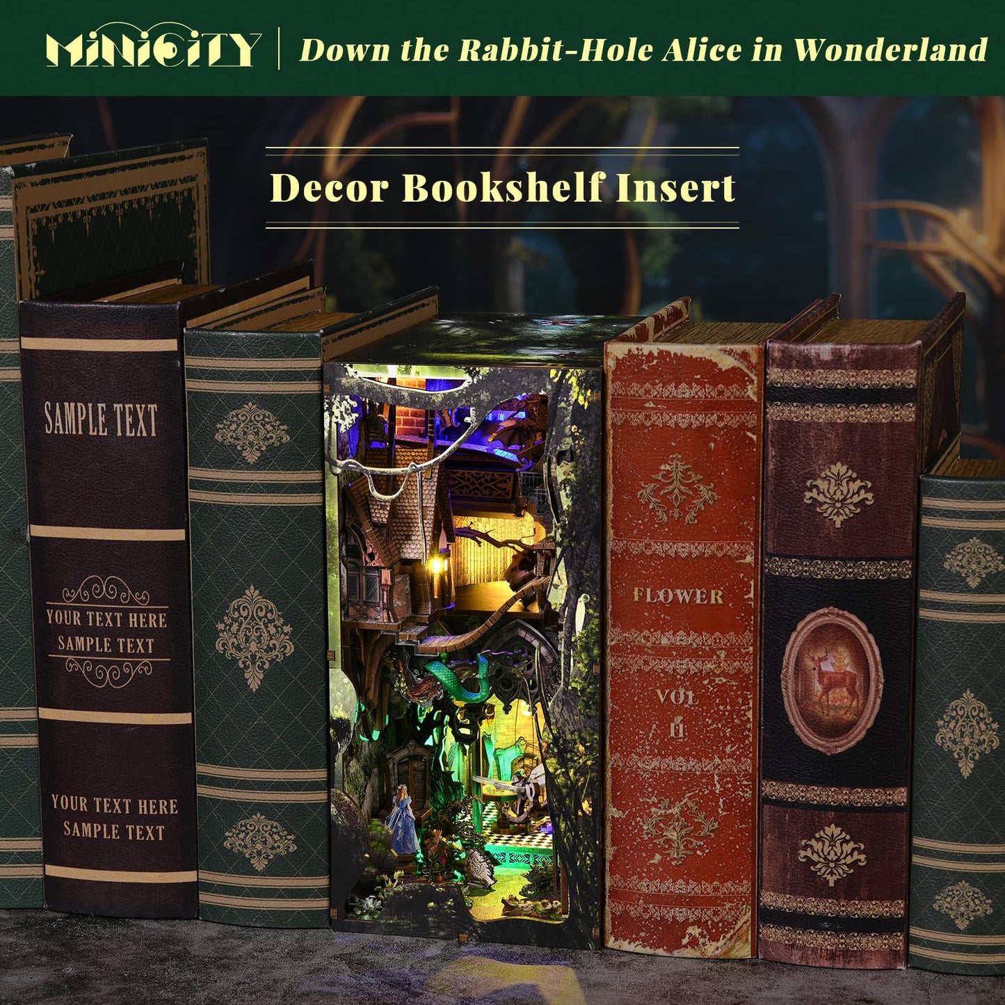 Minicity Book Nook Kit, 3D Wooden Puzzle Dollhouse Booknook, Gifts For Family, Lover (Down The Rabbit-Hole Alice In Wonderland)
