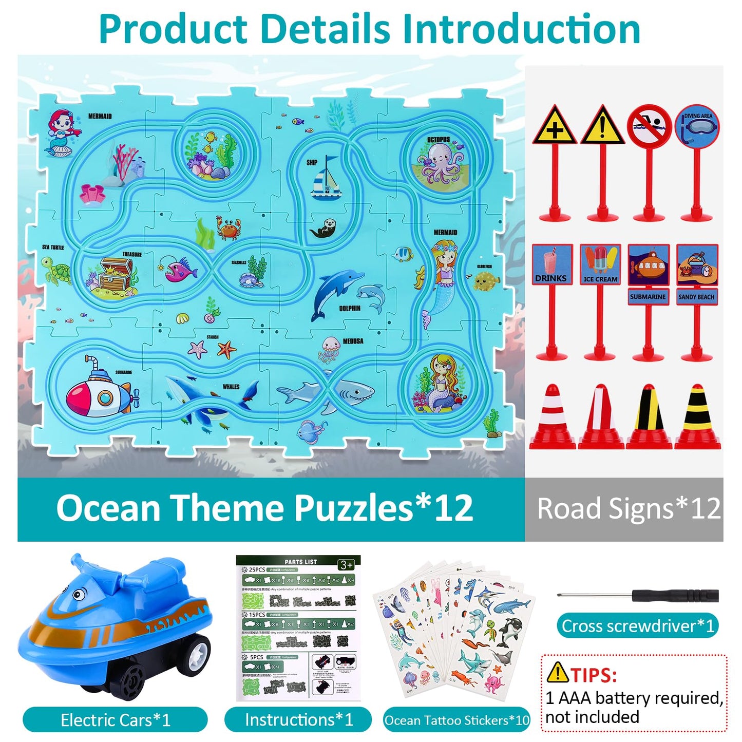 VESPRO 25PCS Puzzle Racer Kids Car Track Set - Ocean Themed, Educational Plastic Toys for Boys and Girls