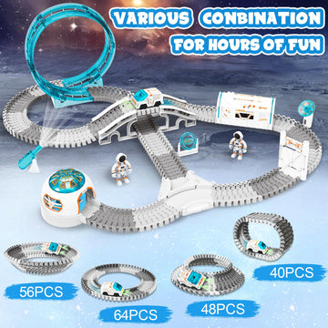 KIZJORYA Construction Race Track, Space Train Track Set, 205 PCS DIY Flexible Tracks Play Set for Boys 4-7 with Light up Space C