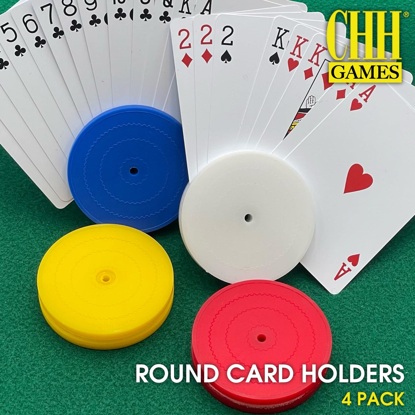 CHH 4 Piece Round Card Holders, Rubber, Red, White, Yellow & Blue, Model 2721