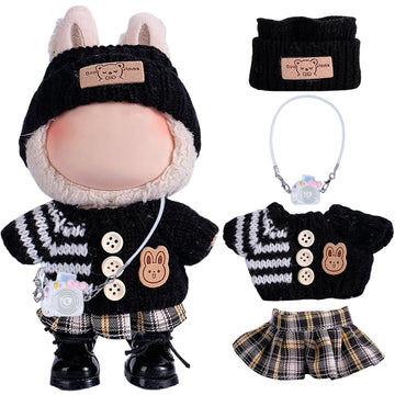 4 Piece Handcrafted Crochet Doll Clothes for 17cm/15cm Labubu Dolls (No Doll)  Cute and enhanced Outfits with Accessories  Hand Crocheted Hat  Sweaters  Skirt  Bag (Black) AK051