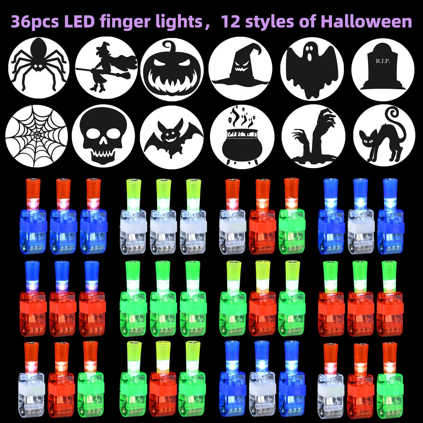 LAKULIO 36pcs Halloween LED Finger Lights, Halloween Party Favors for Kids Halloween LED Light Up Toys Classroom Rewards Gifts,