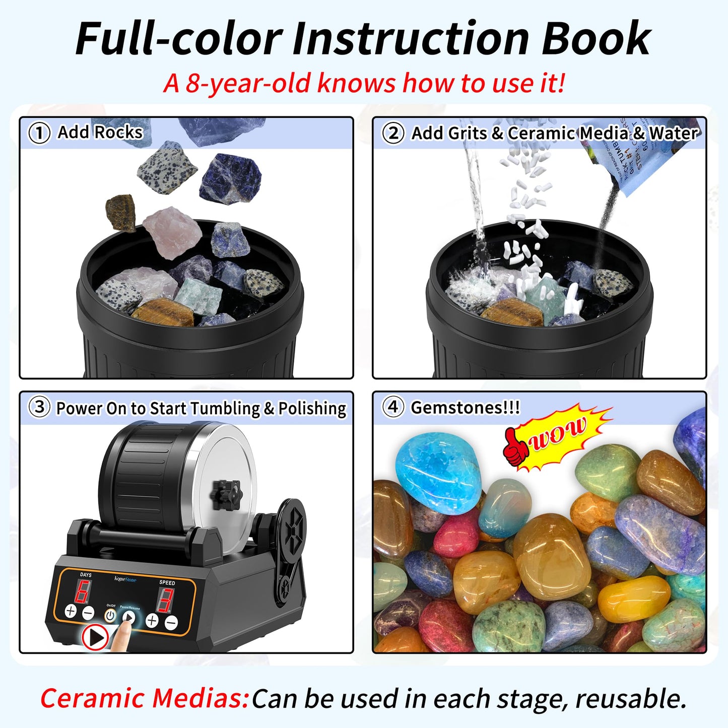 KomeStone K1 Rock Tumbler Kit - 2.5LB Capacity, Digital Timer, Variable Speeds, Brush Motor, 11.3x9.17x5.87 inches