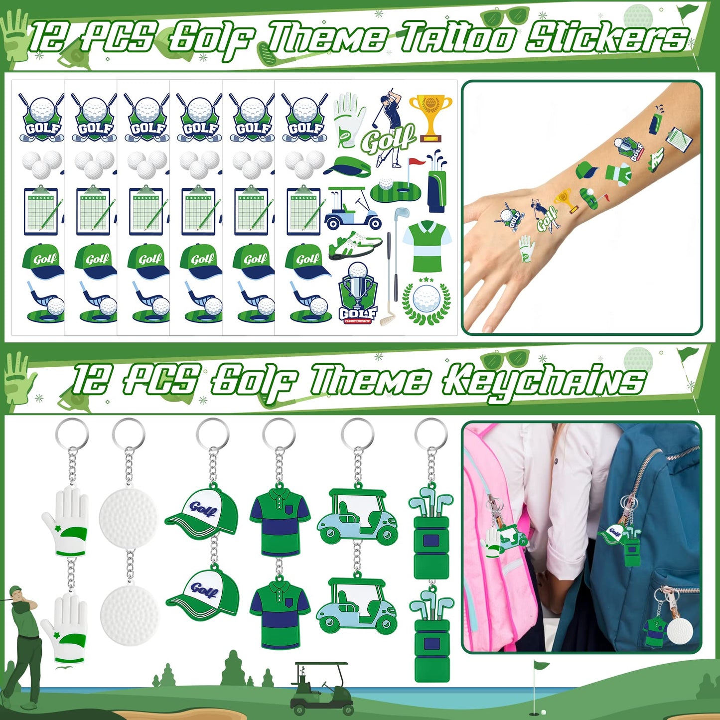 Erweicet Golf Party Favor 72 PCS Golf Theme Slap Bracelet DIY Stickers Temopory Tattoos Keychains Plastic Straws Gift Bags for G