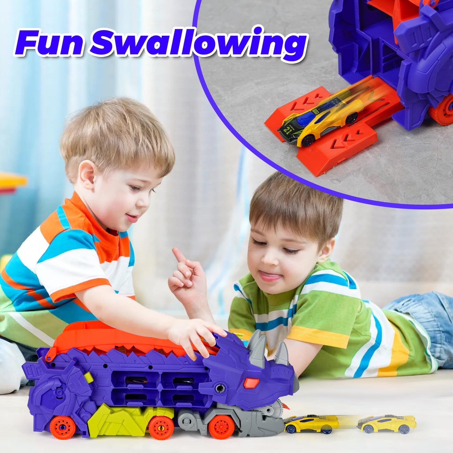 ISMETACU Dinosaur Ultimate Hauler Transport Track Truck - Transforms into Triceratops, Includes 8 Die-Cast Cars, Purple, Model DT-1