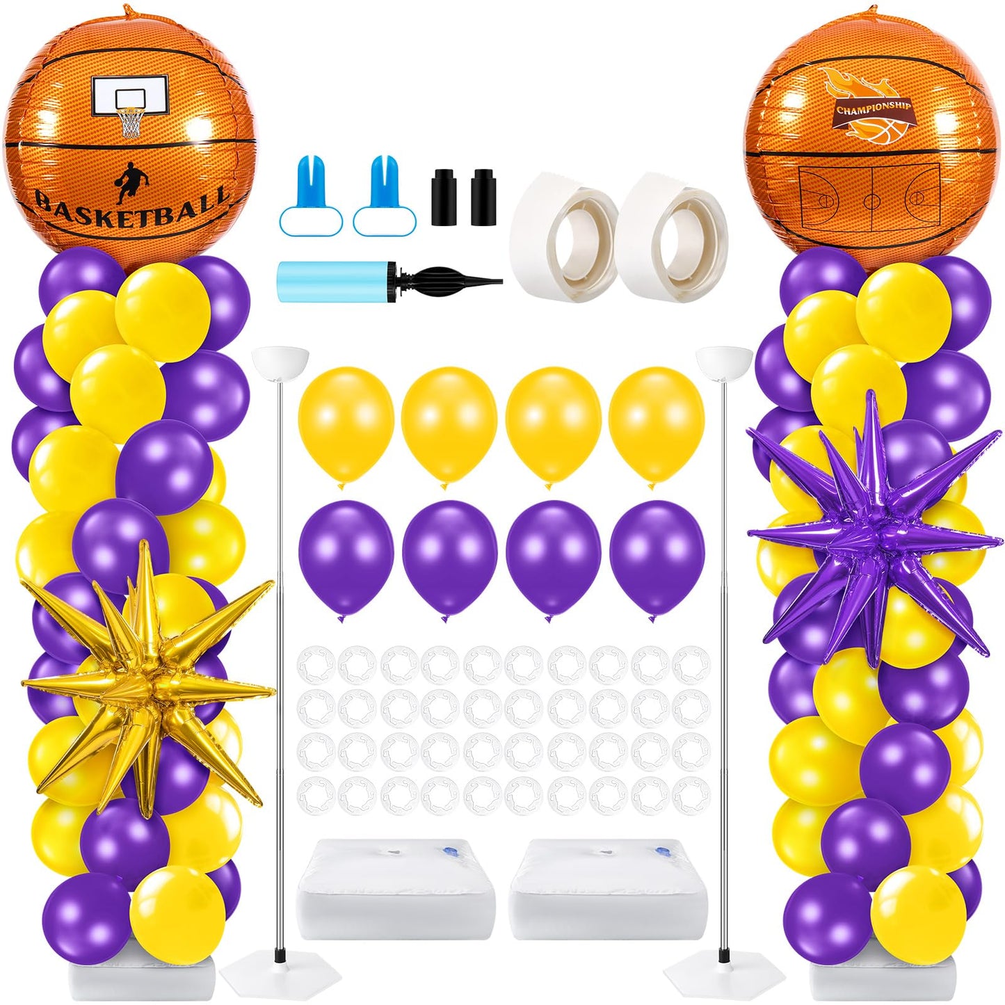 Kasyat 2 Sets Basketball Balloon Column Stand Kit with 4d Basketball Gold Purple Star Foil Balloons, Purple and Yellow Arch Kit 